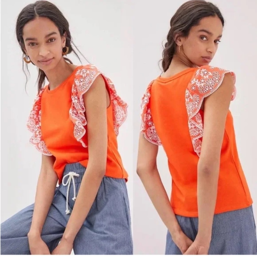 Maeve Orange Eyelet Ruffle Sleeve Shell